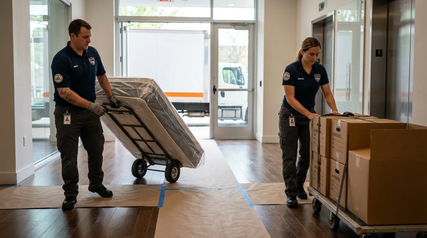 Professional apartment movers loading elevator in Barre, VT