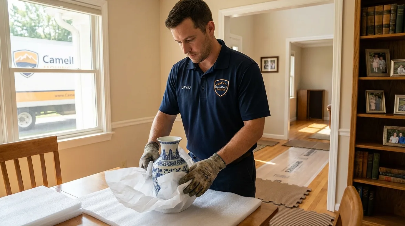 Professional crew carefully wrapping antique vase for senior downsizing move in Barre, VT